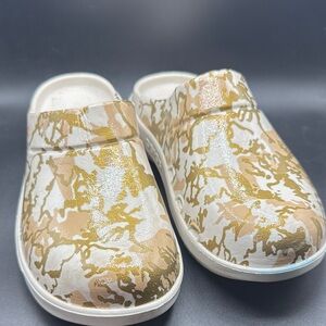 Oofos Cream Gold Tan Slip Ons